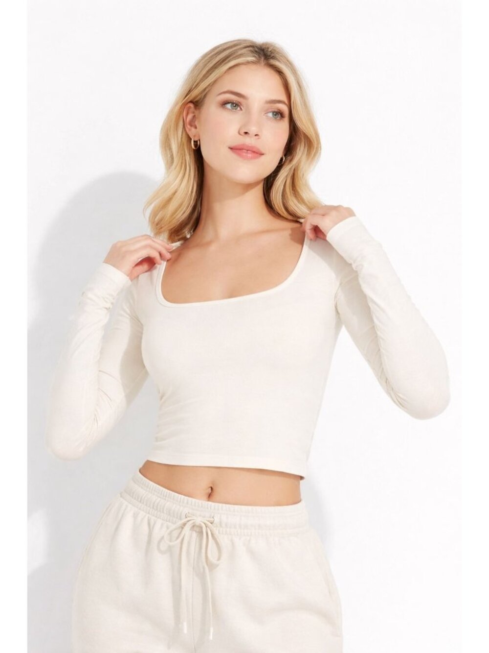 Wild Fable size LARGE Off-White Long Sleeve Square Neck Ribbed Shirt NEW
